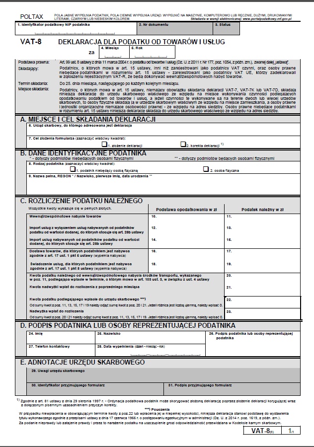 Deklaracja VAT-8 (6) aktywny DRUK – pobierz za darmo